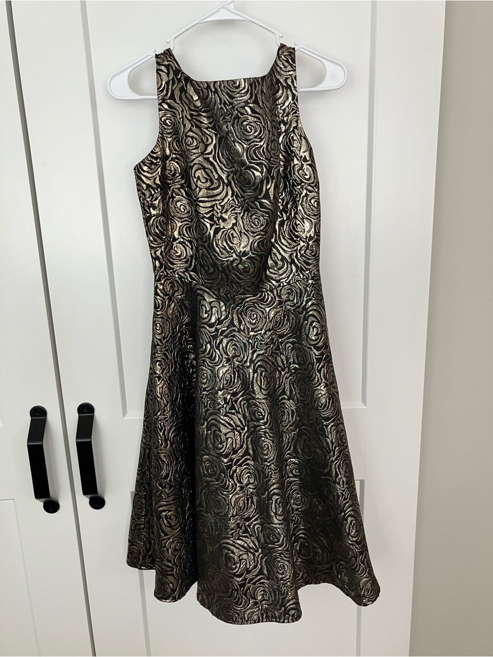 Tatyana Black and Gold Rose Jacquard Fit & Flare Dress